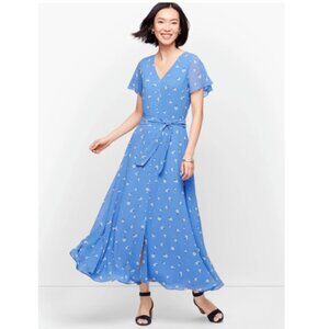 Blue Chiffon Scattered Floral Button Front Midi Dress 16